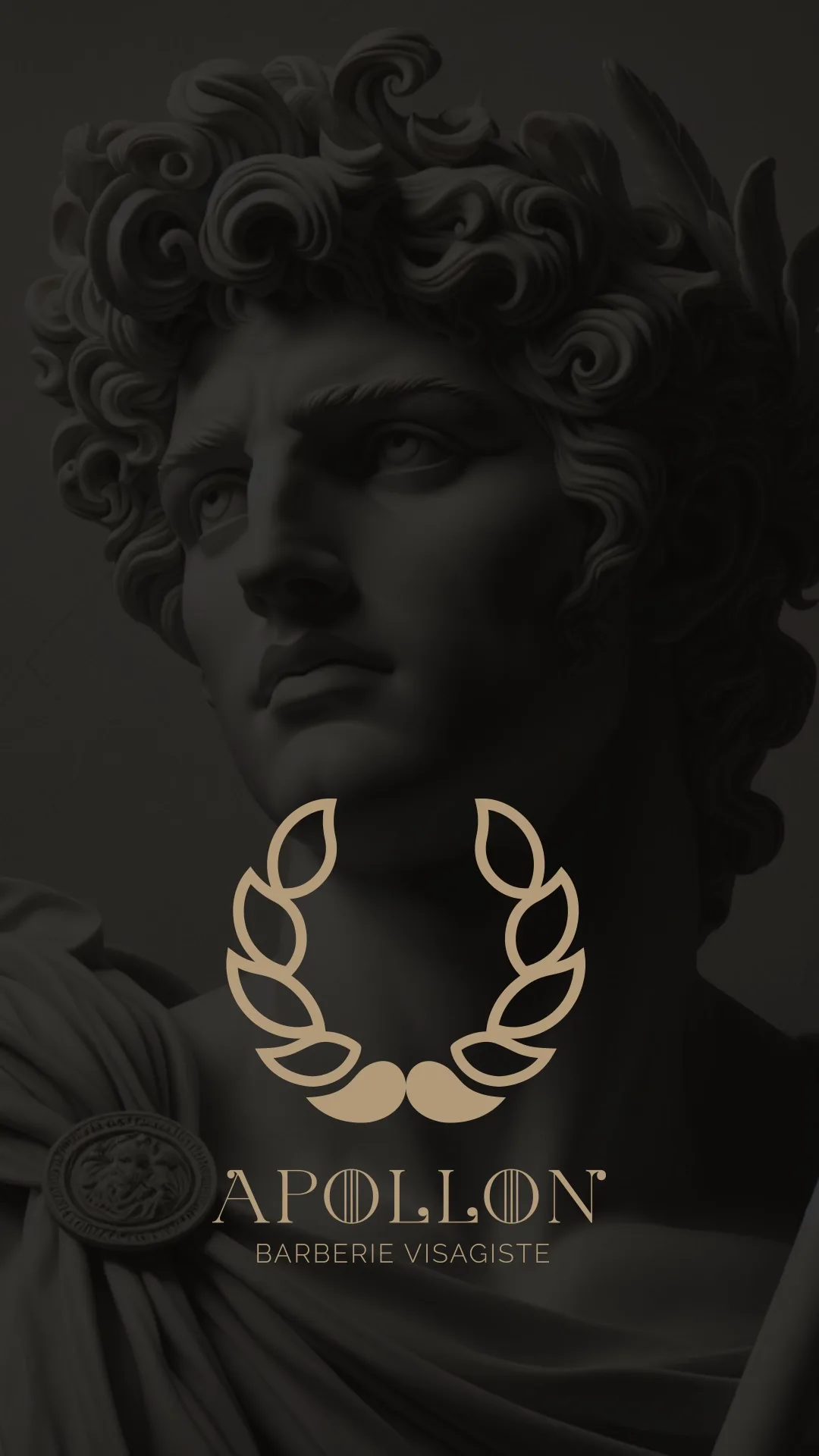 Buste antique d'Apollon en clair-obscur, avec le logo Apollon Visagiste (couronne de laurier dorée) en surimpression