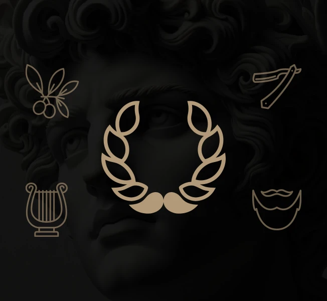 Composition d'icônes : couronne de laurier, branche d'olivier, lyre, rasoir de barbier et barbe