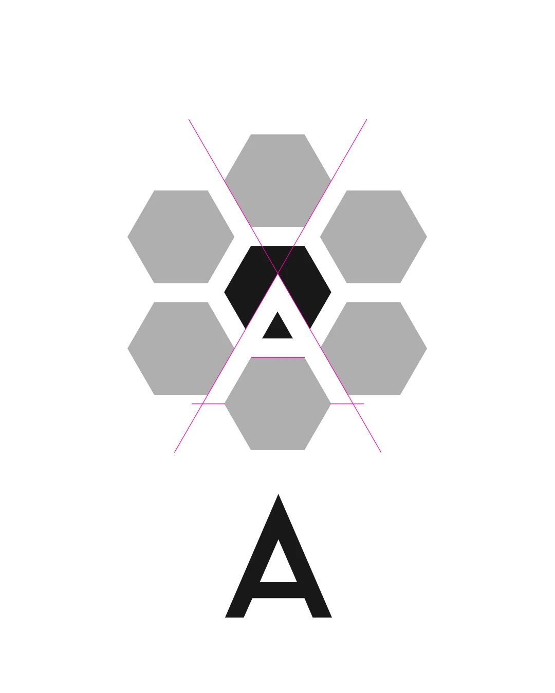 Grille de construction du logo Astera, montrant la lettre A qui se révèle au centre de la fleur d'hexagones