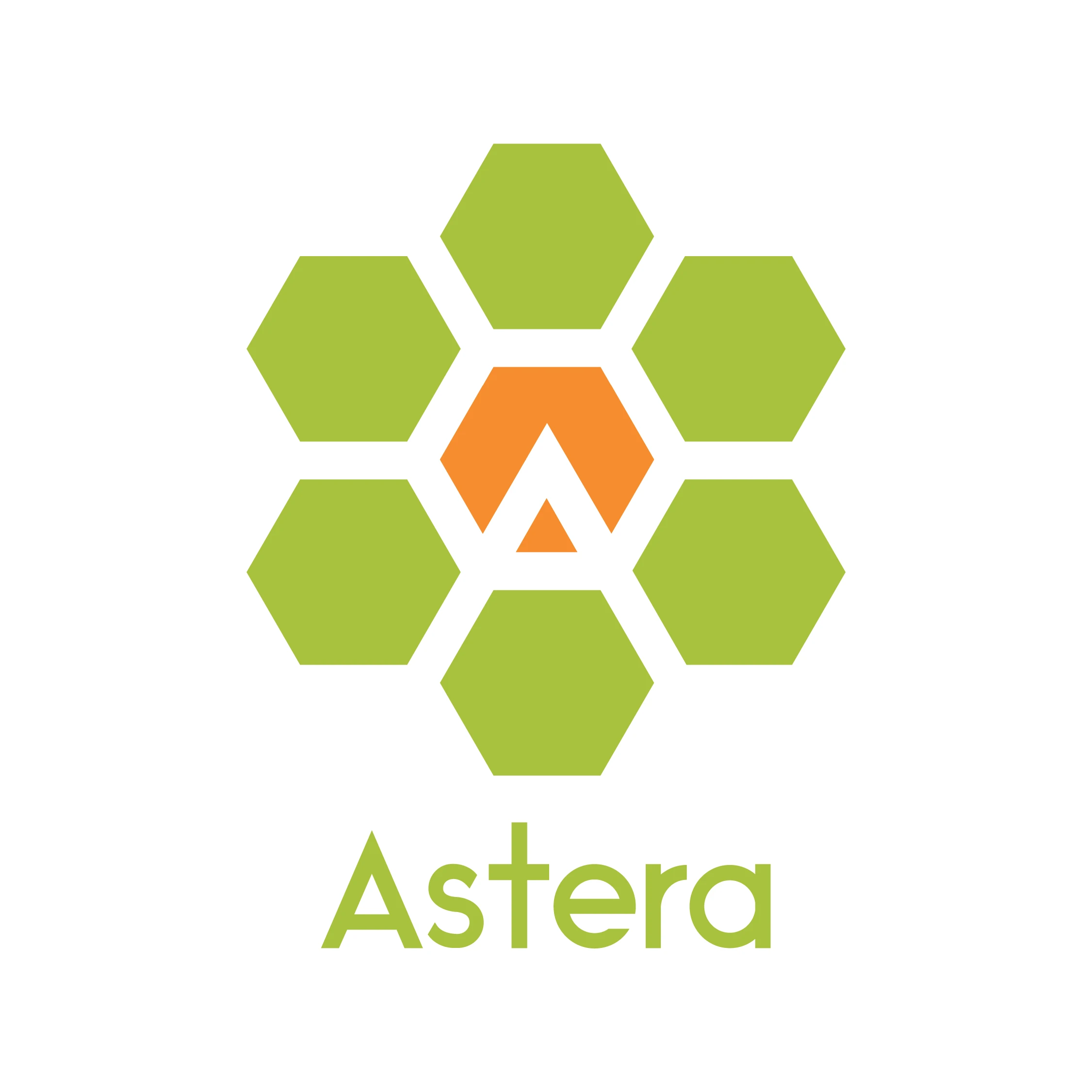 Logo Astera : une fleur d'hexagones verts et orange formant la lettre A