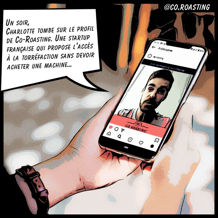 Planche 2 : un soir, Charlotte tombe sur le profil Instagram de Co-Roasting