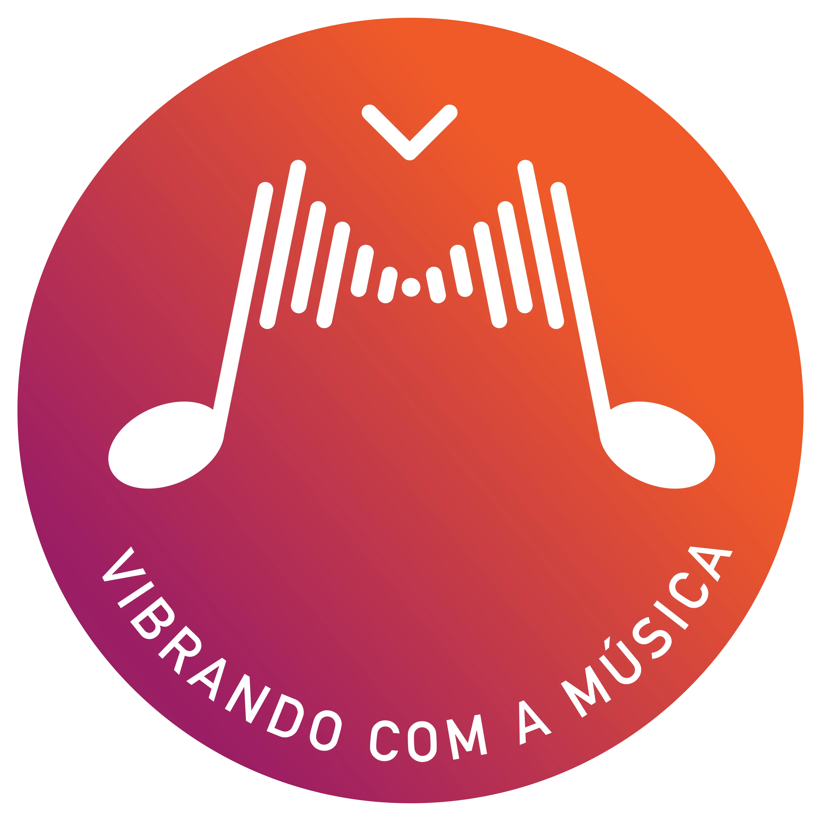 Logo Vibrando com a Música: duas notas musicais ligadas por uma onda sonora, em fundo degradê roxo e laranja