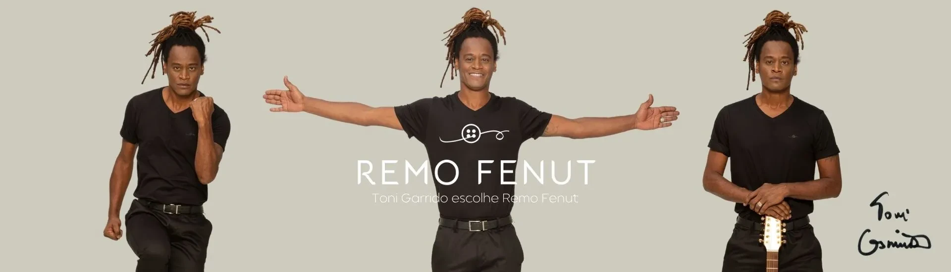 Campagne Remo Fenut avec Toni Garrido, chanteur du groupe Cidade Negra, portant un t-shirt avec l'icône de la marque