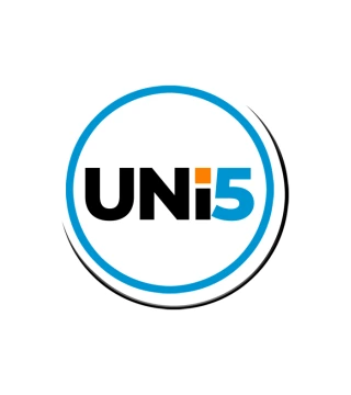 Logo antigo da Uni5: anel azul ao redor da palavra UNi5 em preto, azul e laranja