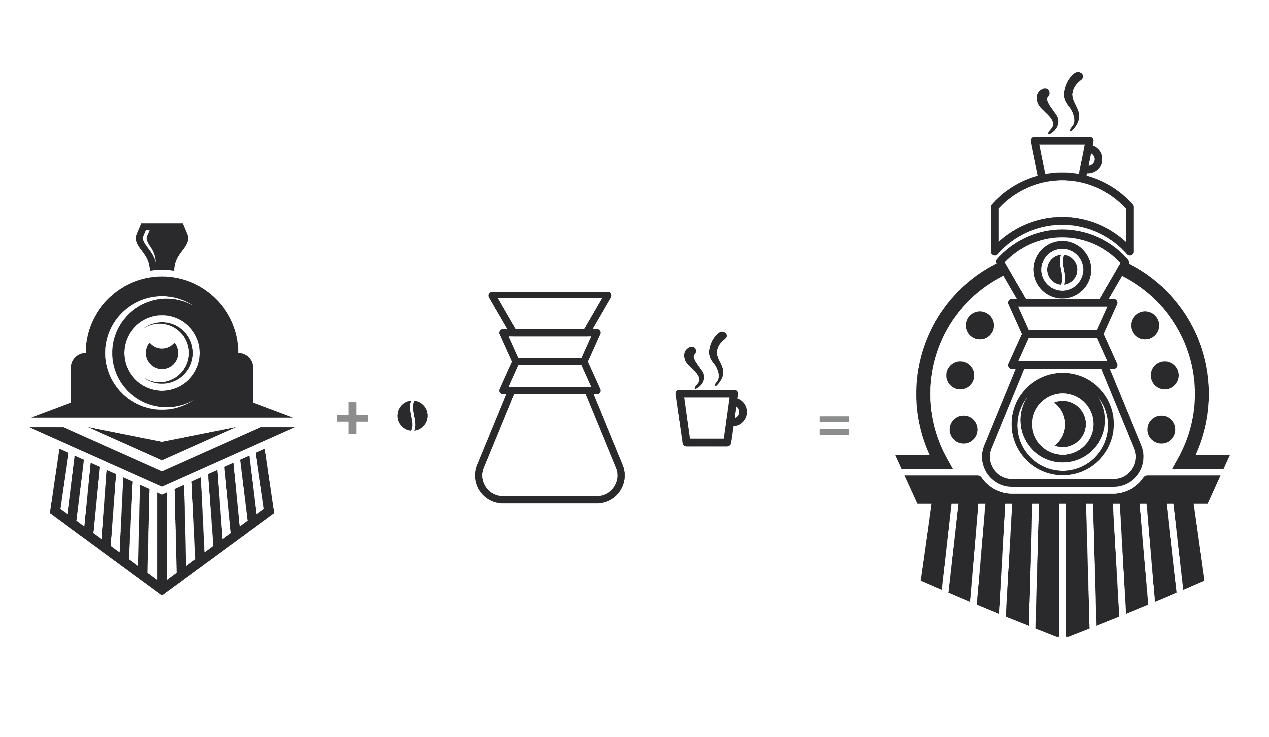 Construction du logo Wagon du Café : locomotive, plus grain de café, plus Chemex, plus tasse, égale le logo final